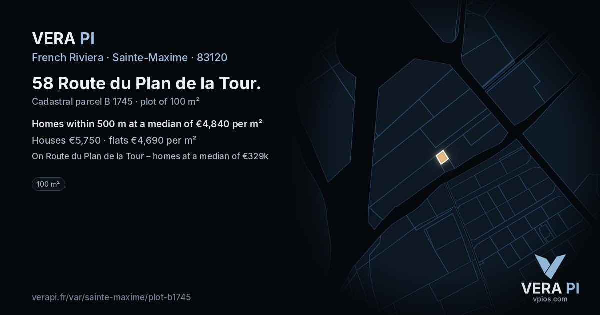 58 Route du Plan de la Tour, Sainte-Maxime at night – the plot lit, the parcels around coloured by the prices near them