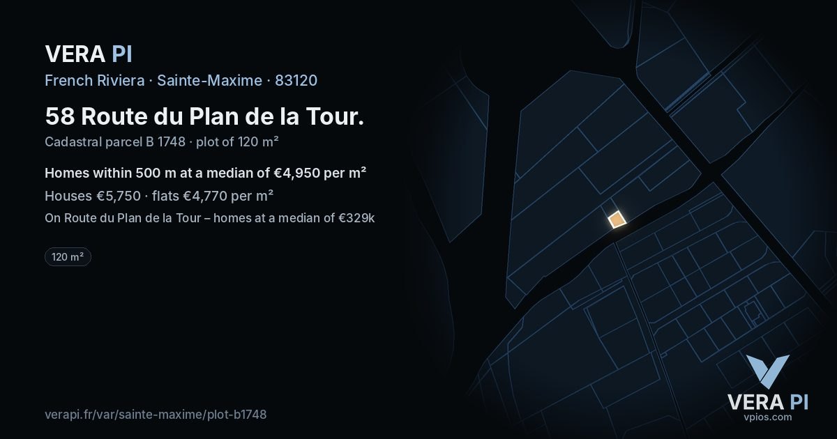 58 Route du Plan de la Tour, Sainte-Maxime at night – the plot lit, the parcels around coloured by the prices near them