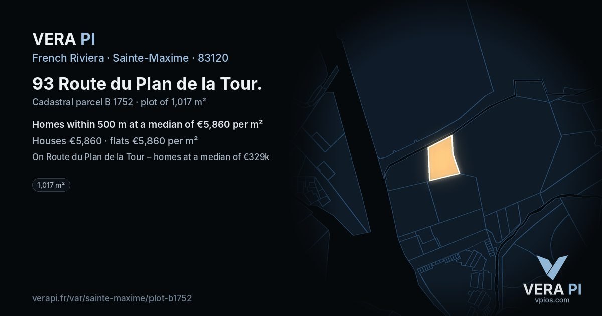 93 Route du Plan de la Tour, Sainte-Maxime at night – the plot lit, the parcels around coloured by the prices near them