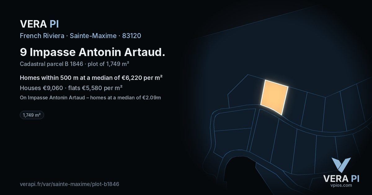 9 Impasse Antonin Artaud, Sainte-Maxime at night – the plot lit, the parcels around coloured by the prices near them
