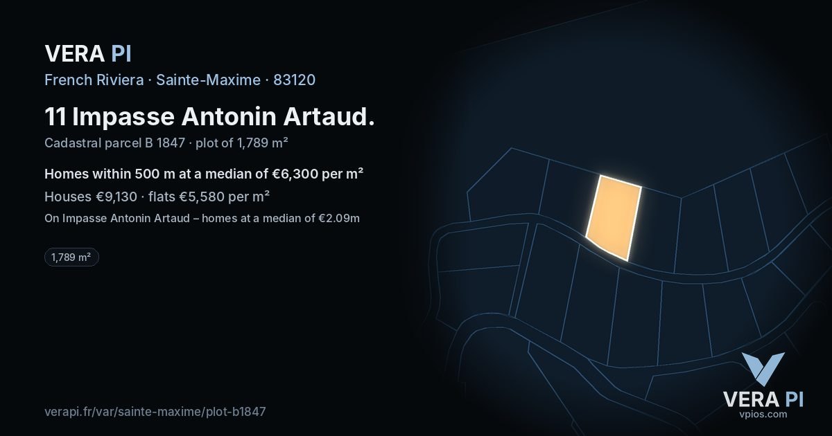 11 Impasse Antonin Artaud, Sainte-Maxime at night – the plot lit, the parcels around coloured by the prices near them