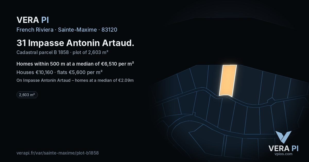 31 Impasse Antonin Artaud, Sainte-Maxime at night – the plot lit, the parcels around coloured by the prices near them