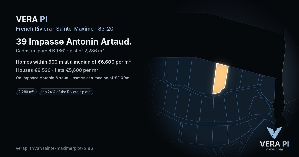 39 Impasse Antonin Artaud, Sainte-Maxime at night – the plot lit, the parcels around coloured by the prices near them