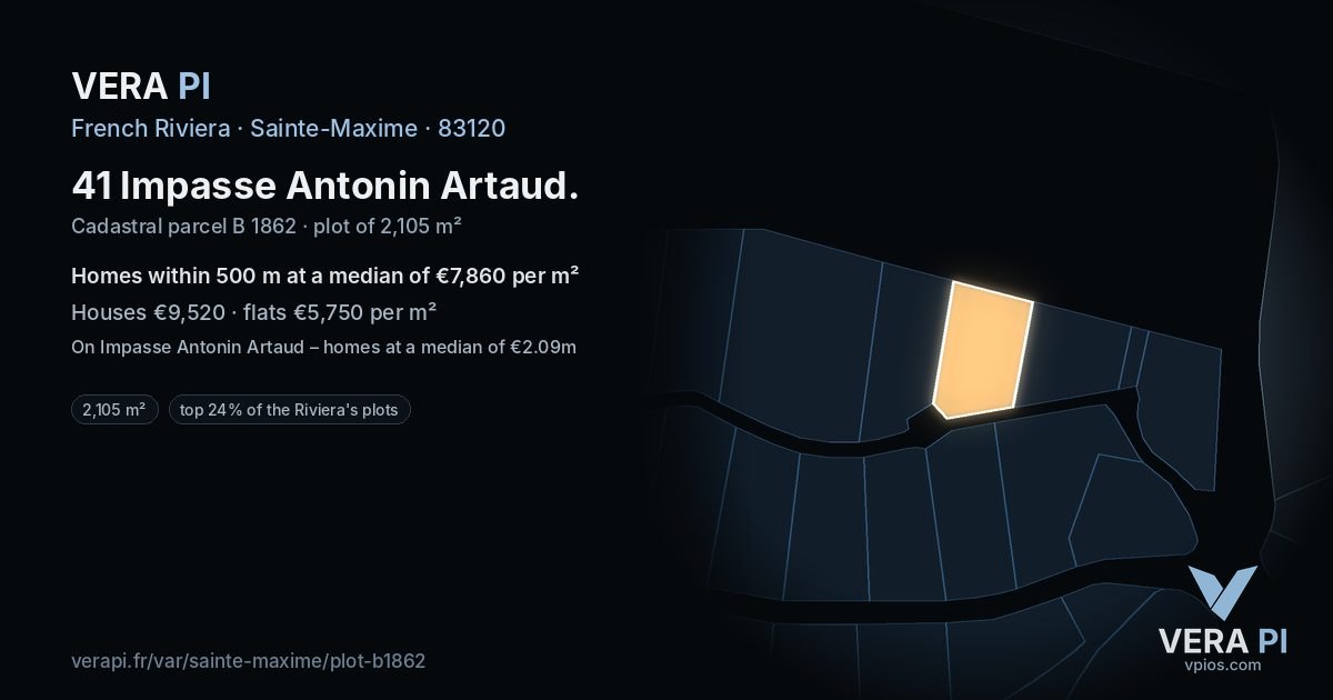 41 Impasse Antonin Artaud, Sainte-Maxime at night – the plot lit, the parcels around coloured by the prices near them