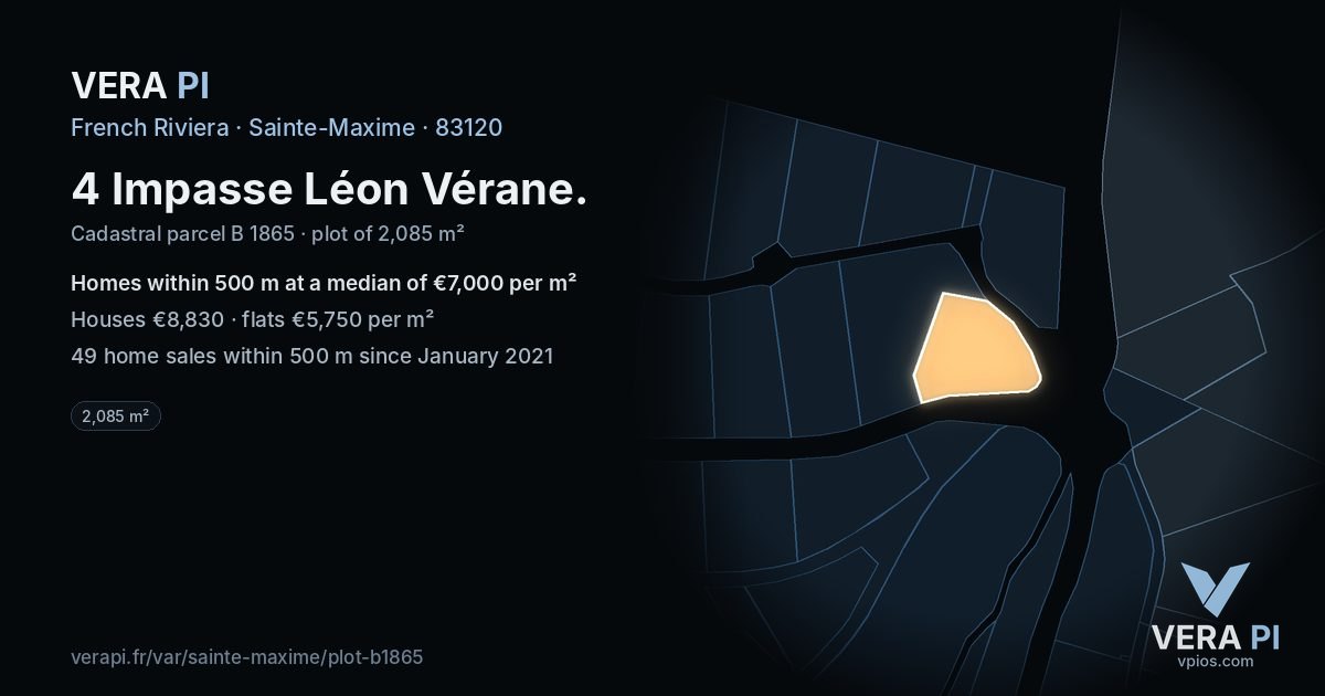 4 Impasse Léon Vérane, Sainte-Maxime at night – the plot lit, the parcels around coloured by the prices near them