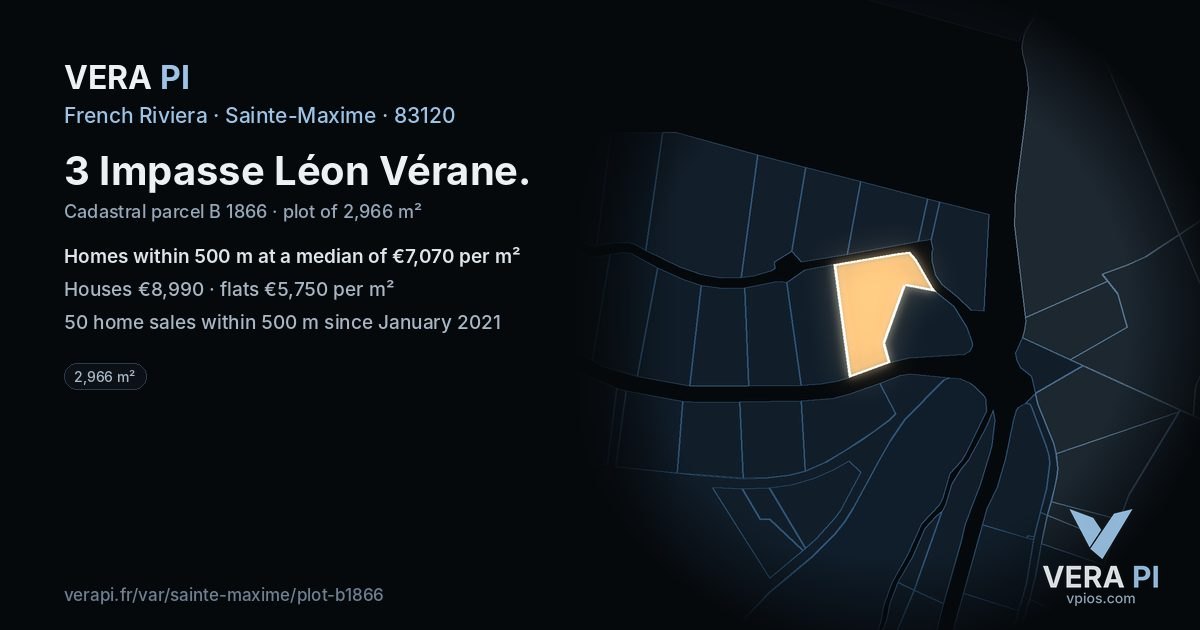 3 Impasse Léon Vérane, Sainte-Maxime at night – the plot lit, the parcels around coloured by the prices near them