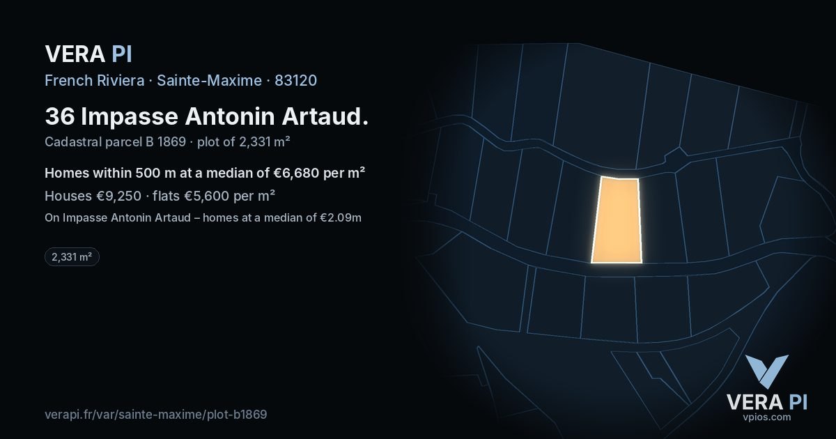 36 Impasse Antonin Artaud, Sainte-Maxime at night – the plot lit, the parcels around coloured by the prices near them