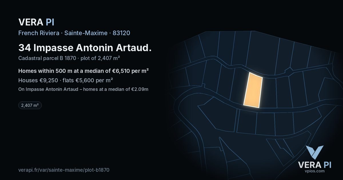 34 Impasse Antonin Artaud, Sainte-Maxime at night – the plot lit, the parcels around coloured by the prices near them