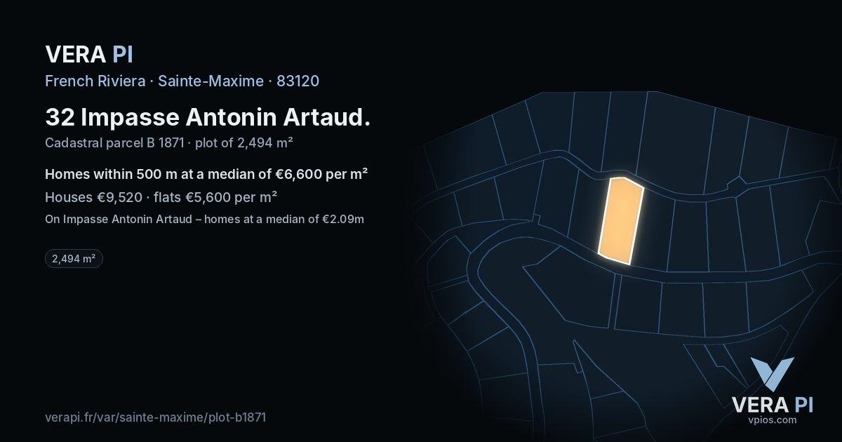 32 Impasse Antonin Artaud, Sainte-Maxime at night – the plot lit, the parcels around coloured by the prices near them