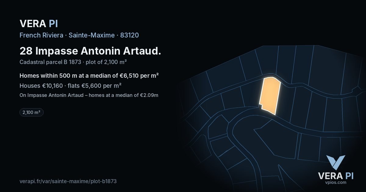 28 Impasse Antonin Artaud, Sainte-Maxime at night – the plot lit, the parcels around coloured by the prices near them