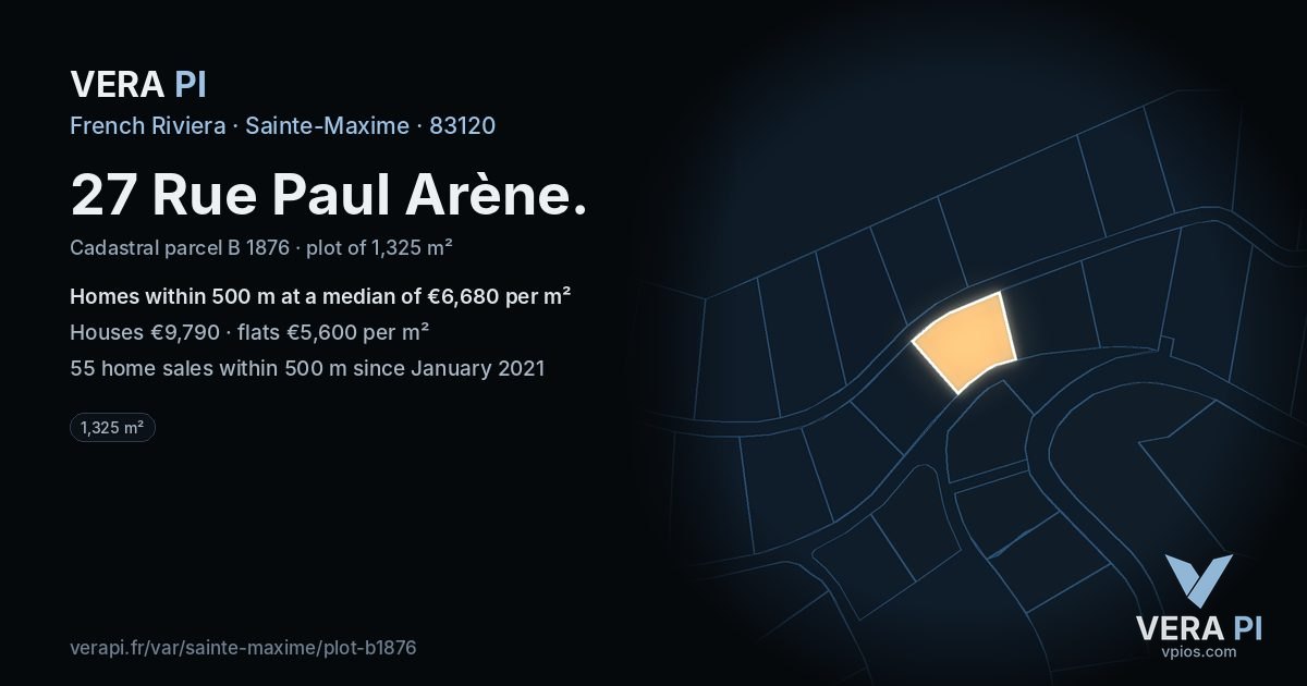 27 Rue Paul Arène, Sainte-Maxime at night – the plot lit, the parcels around coloured by the prices near them