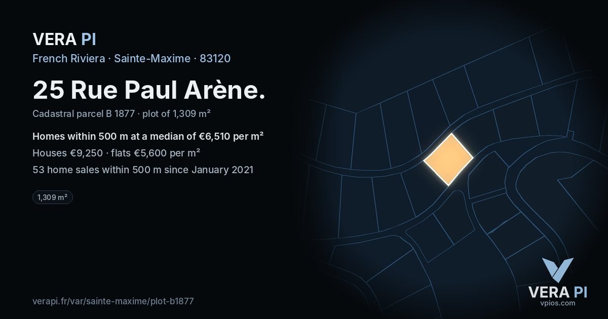 25 Rue Paul Arène, Sainte-Maxime at night – the plot lit, the parcels around coloured by the prices near them