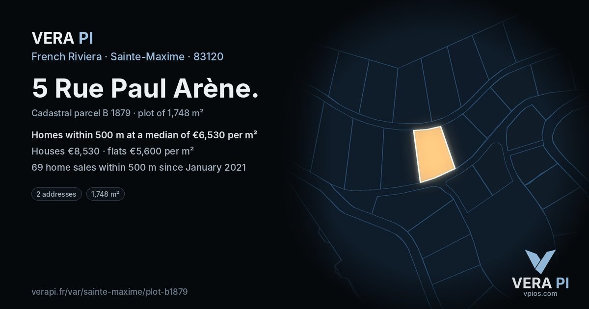 5 Rue Paul Arène, Sainte-Maxime at night – the plot lit, the parcels around coloured by the prices near them