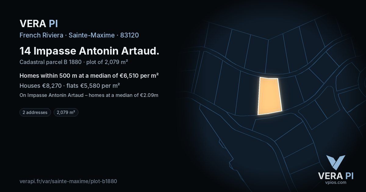 14 Impasse Antonin Artaud, Sainte-Maxime at night – the plot lit, the parcels around coloured by the prices near them