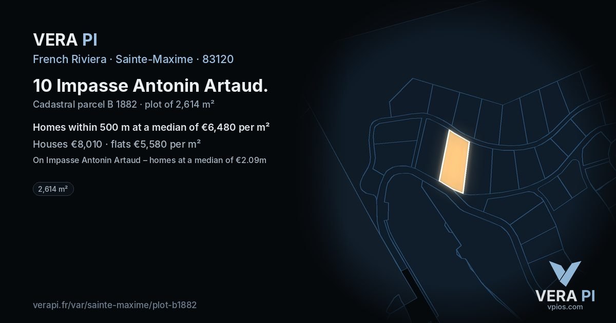 10 Impasse Antonin Artaud, Sainte-Maxime at night – the plot lit, the parcels around coloured by the prices near them