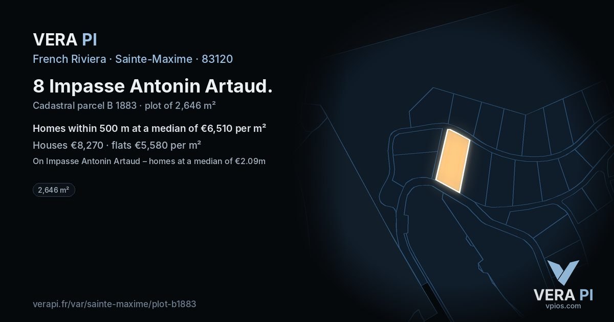 8 Impasse Antonin Artaud, Sainte-Maxime at night – the plot lit, the parcels around coloured by the prices near them