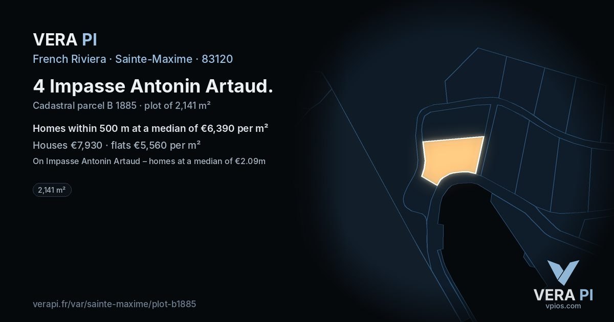 4 Impasse Antonin Artaud, Sainte-Maxime at night – the plot lit, the parcels around coloured by the prices near them