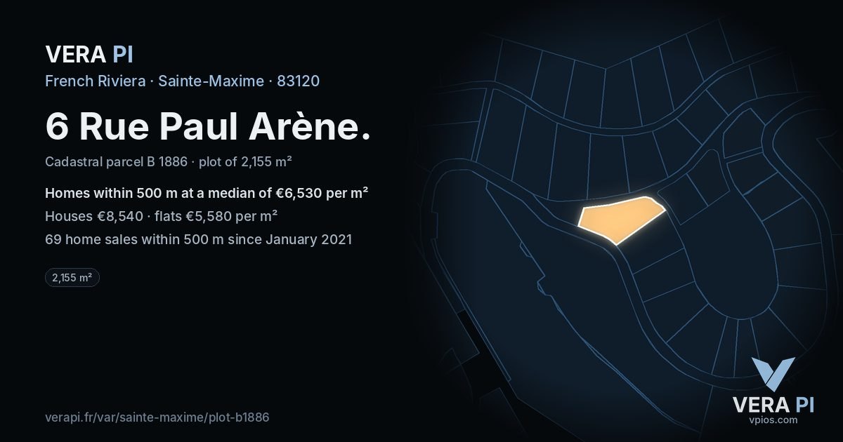 6 Rue Paul Arène, Sainte-Maxime at night – the plot lit, the parcels around coloured by the prices near them