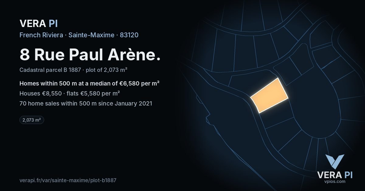 8 Rue Paul Arène, Sainte-Maxime at night – the plot lit, the parcels around coloured by the prices near them