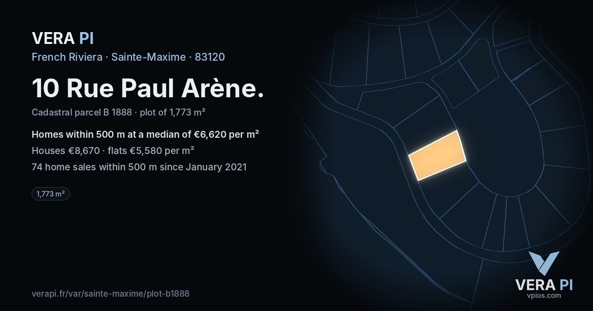 10 Rue Paul Arène, Sainte-Maxime at night – the plot lit, the parcels around coloured by the prices near them