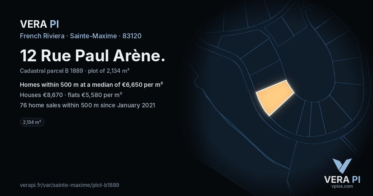 12 Rue Paul Arène, Sainte-Maxime at night – the plot lit, the parcels around coloured by the prices near them