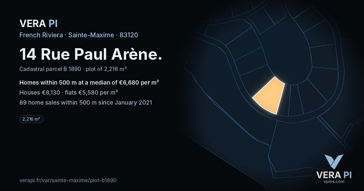 14 Rue Paul Arène, Sainte-Maxime at night – the plot lit, the parcels around coloured by the prices near them