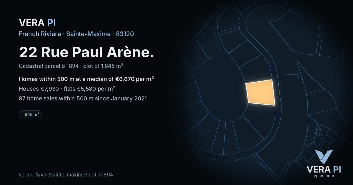 22 Rue Paul Arène, Sainte-Maxime at night – the plot lit, the parcels around coloured by the prices near them