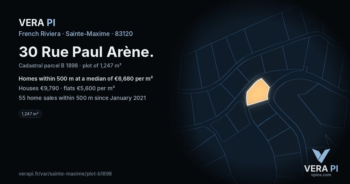 30 Rue Paul Arène, Sainte-Maxime at night – the plot lit, the parcels around coloured by the prices near them