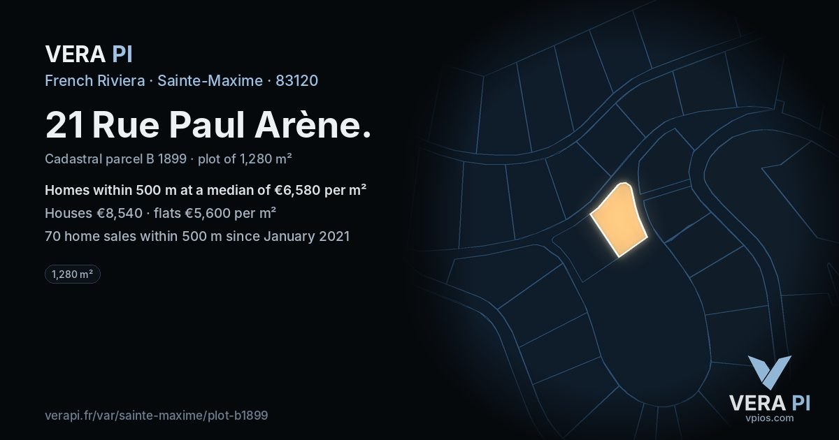 21 Rue Paul Arène, Sainte-Maxime at night – the plot lit, the parcels around coloured by the prices near them