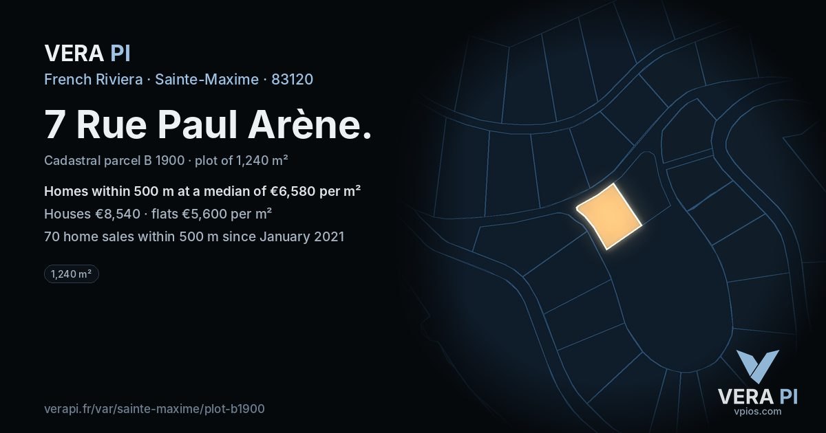 7 Rue Paul Arène, Sainte-Maxime at night – the plot lit, the parcels around coloured by the prices near them