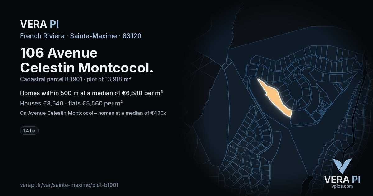 106 Avenue Celestin Montcocol, Sainte-Maxime at night – the plot lit, the parcels around coloured by the prices near them