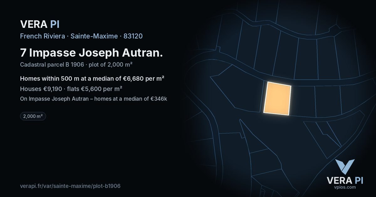 7 Impasse Joseph Autran, Sainte-Maxime at night – the plot lit, the parcels around coloured by the prices near them