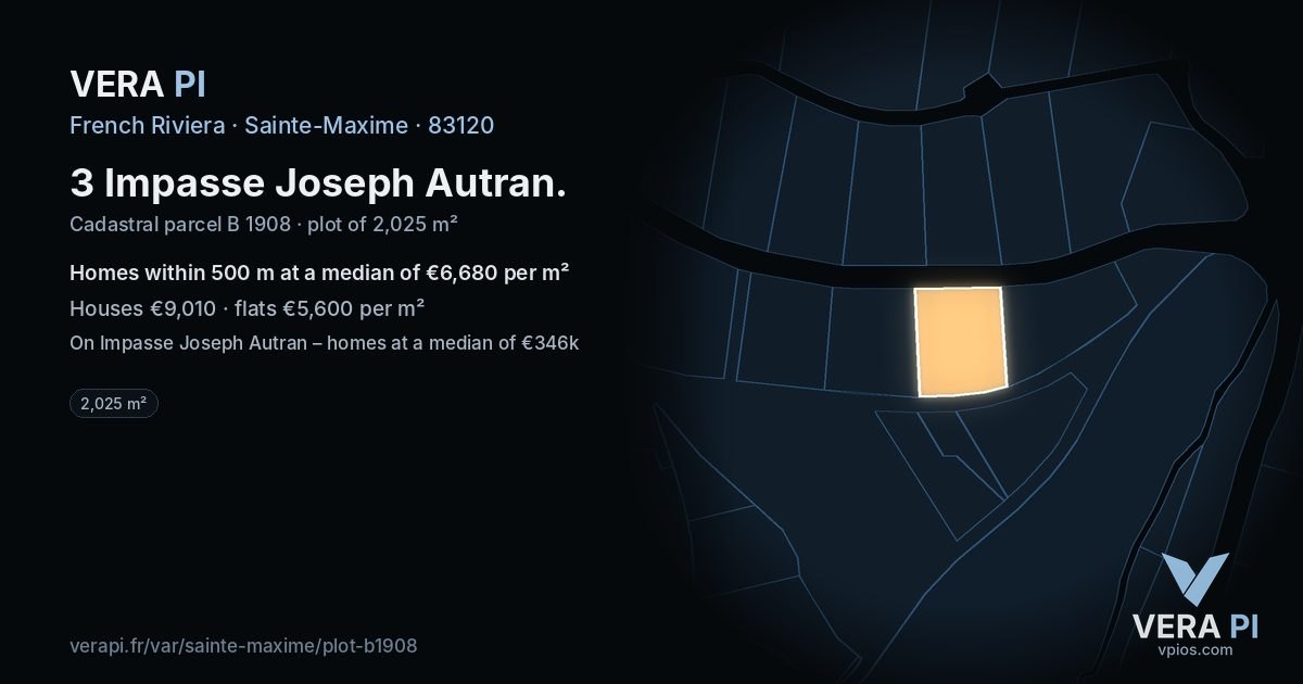 3 Impasse Joseph Autran, Sainte-Maxime at night – the plot lit, the parcels around coloured by the prices near them