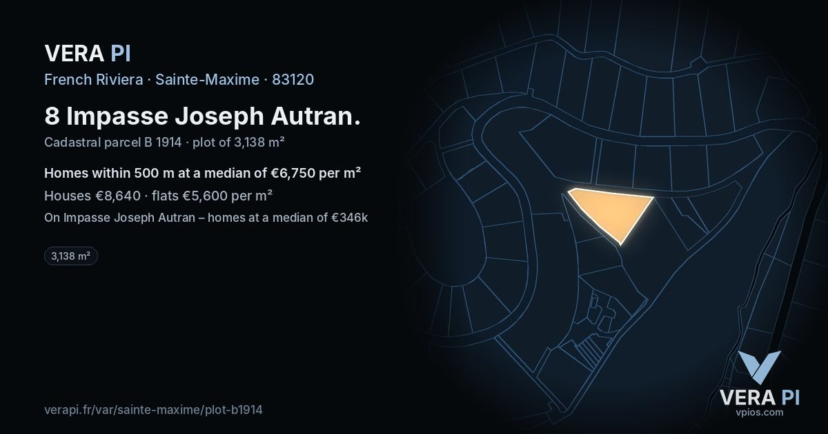 8 Impasse Joseph Autran, Sainte-Maxime at night – the plot lit, the parcels around coloured by the prices near them