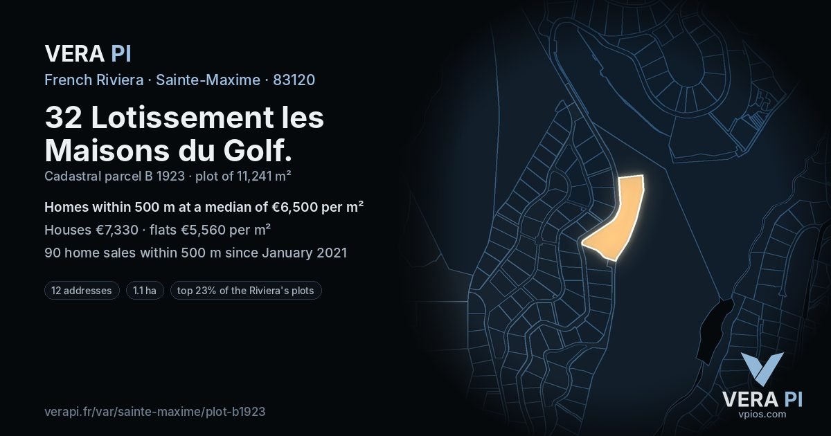 32 Lotissement les Maisons du Golf, Sainte-Maxime at night – the plot lit, the parcels around coloured by the prices near them