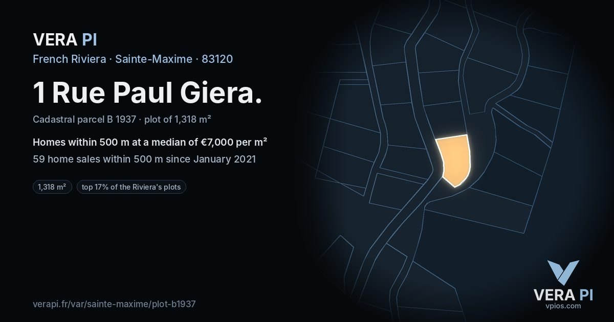 1 Rue Paul Giera, Sainte-Maxime at night – the plot lit, the parcels around coloured by the prices near them