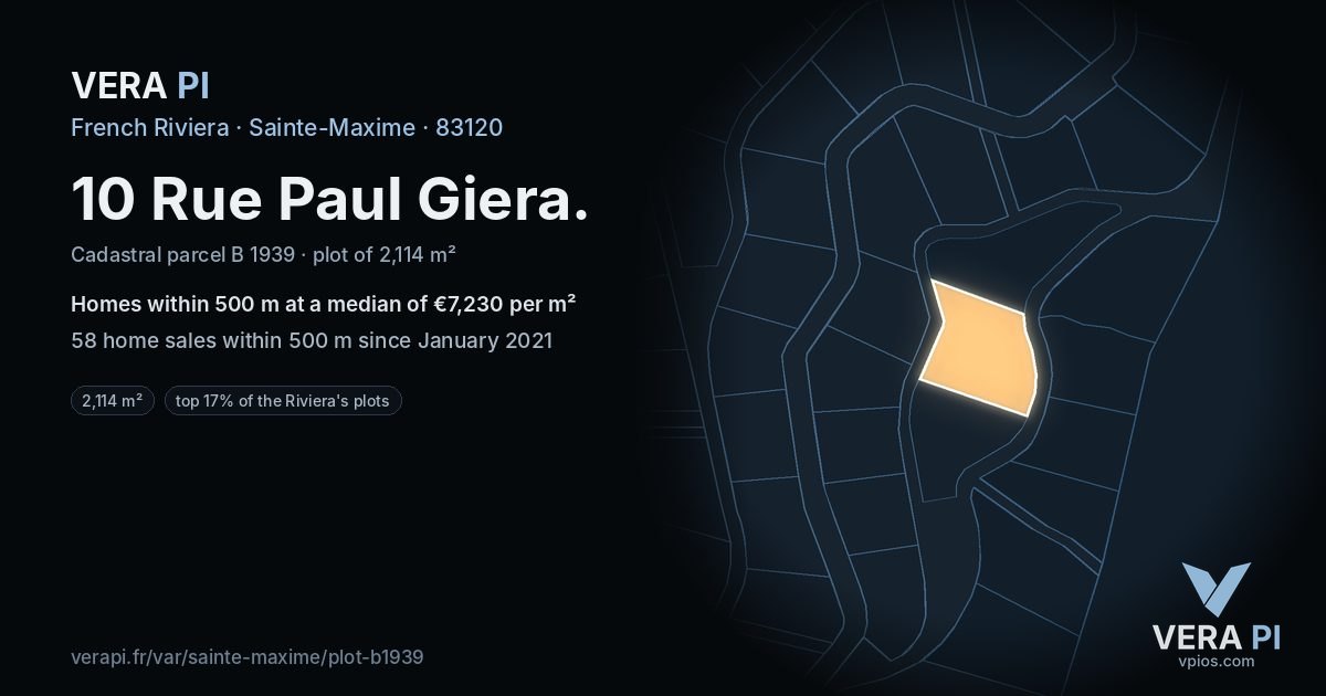 10 Rue Paul Giera, Sainte-Maxime at night – the plot lit, the parcels around coloured by the prices near them