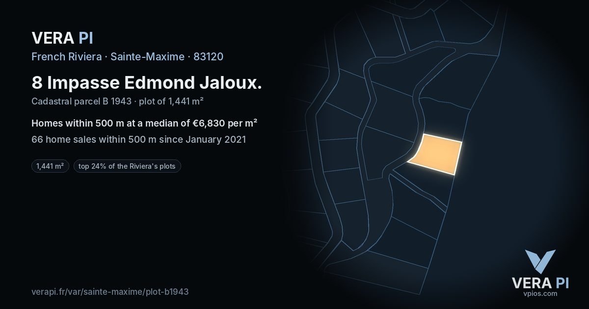8 Impasse Edmond Jaloux, Sainte-Maxime at night – the plot lit, the parcels around coloured by the prices near them