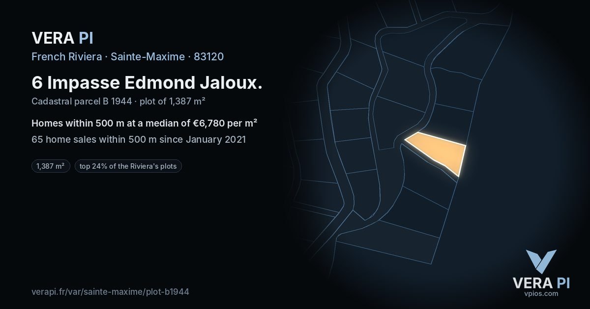 6 Impasse Edmond Jaloux, Sainte-Maxime at night – the plot lit, the parcels around coloured by the prices near them