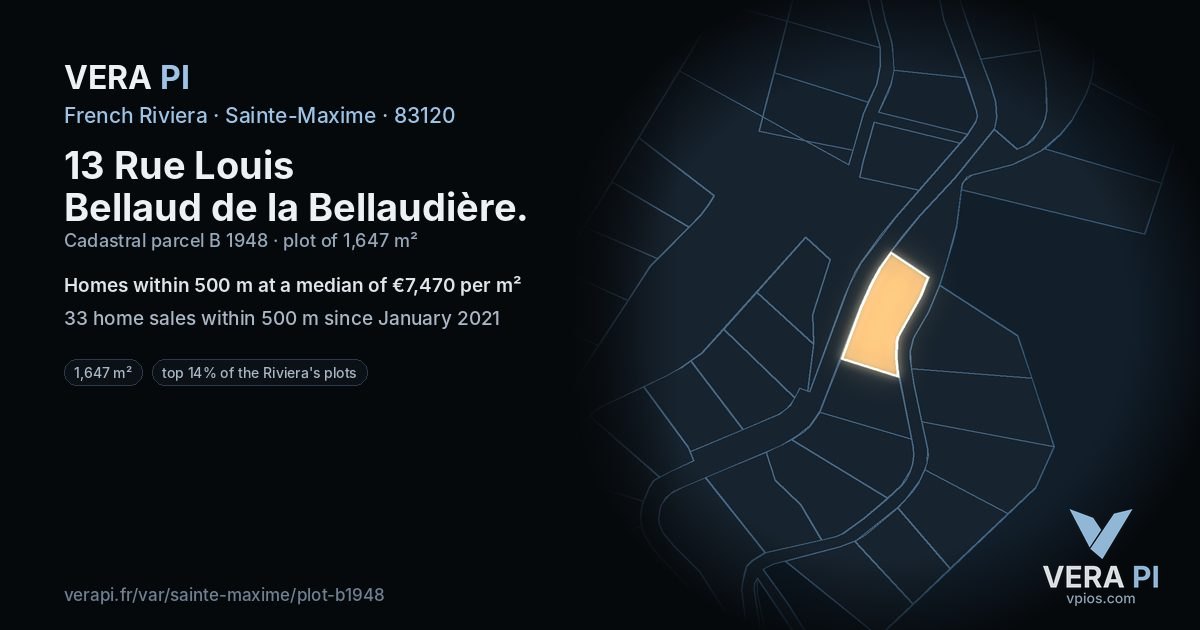 13 Rue Louis Bellaud de la Bellaudière, Sainte-Maxime at night – the plot lit, the parcels around coloured by the prices near them