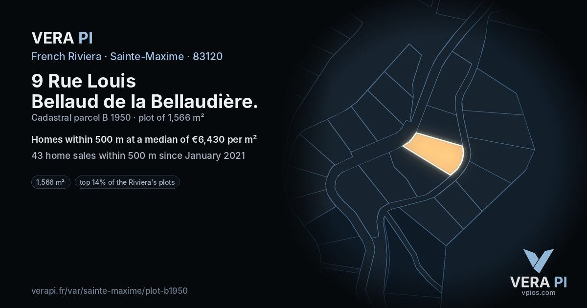 9 Rue Louis Bellaud de la Bellaudière, Sainte-Maxime at night – the plot lit, the parcels around coloured by the prices near them