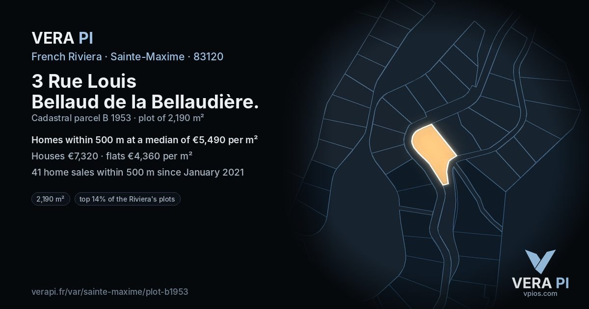 3 Rue Louis Bellaud de la Bellaudière, Sainte-Maxime at night – the plot lit, the parcels around coloured by the prices near them