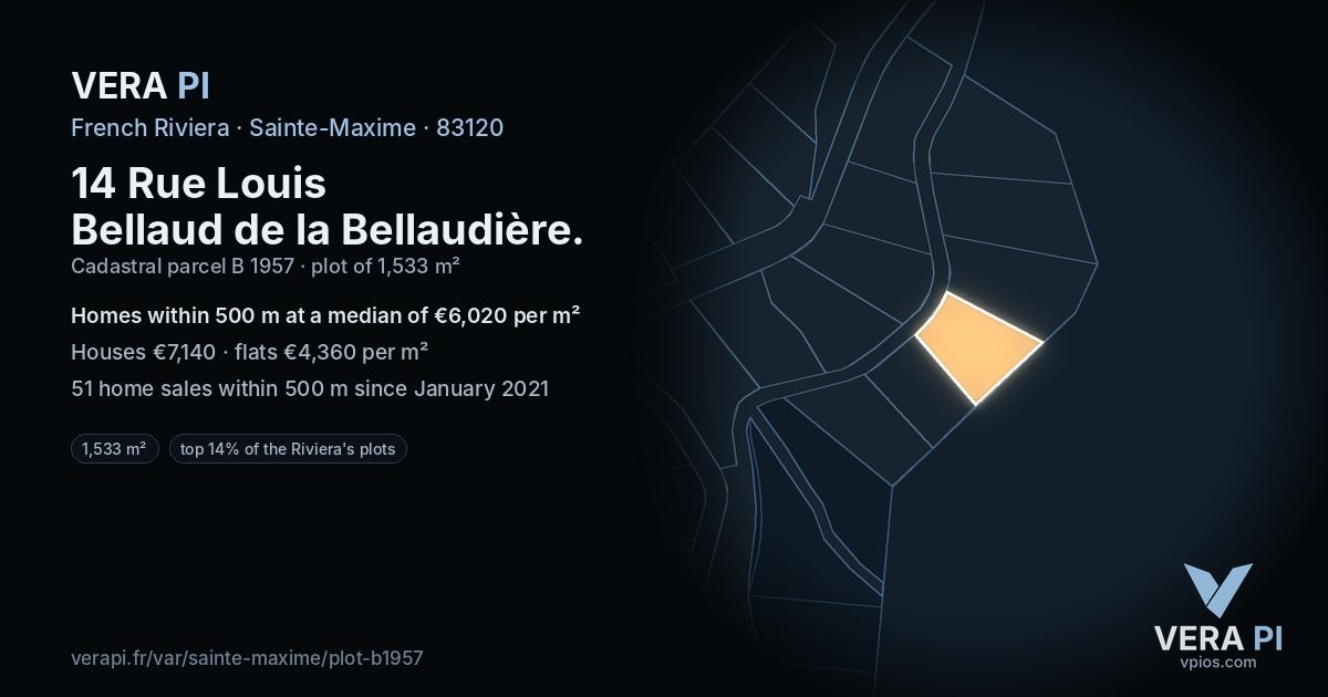 14 Rue Louis Bellaud de la Bellaudière, Sainte-Maxime at night – the plot lit, the parcels around coloured by the prices near them