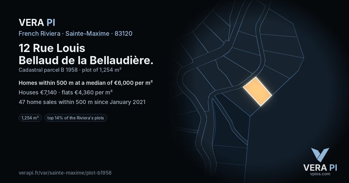 12 Rue Louis Bellaud de la Bellaudière, Sainte-Maxime at night – the plot lit, the parcels around coloured by the prices near them