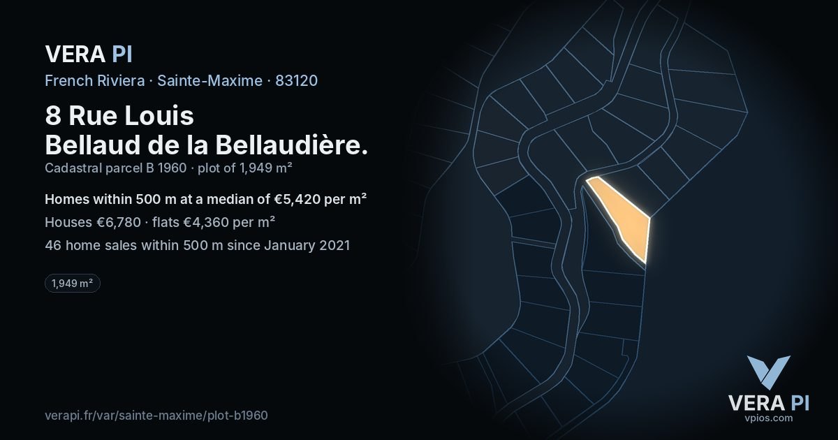 8 Rue Louis Bellaud de la Bellaudière, Sainte-Maxime at night – the plot lit, the parcels around coloured by the prices near them