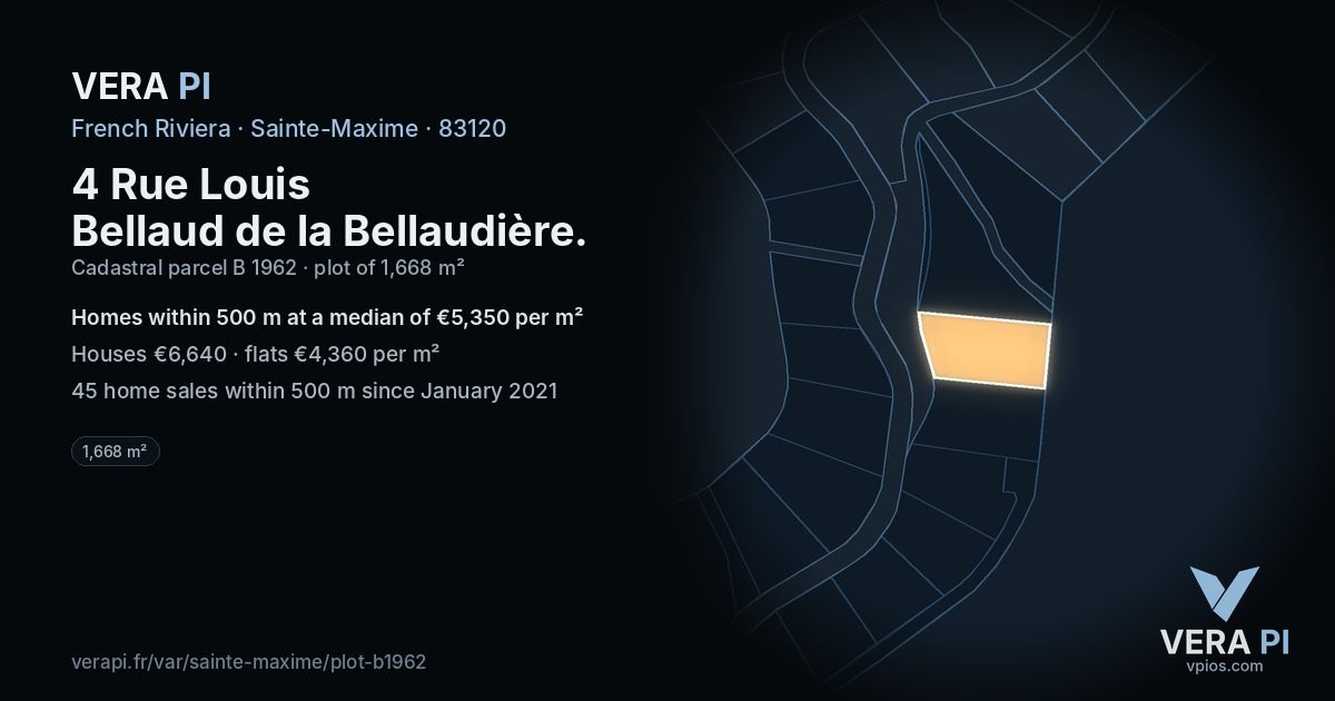4 Rue Louis Bellaud de la Bellaudière, Sainte-Maxime at night – the plot lit, the parcels around coloured by the prices near them
