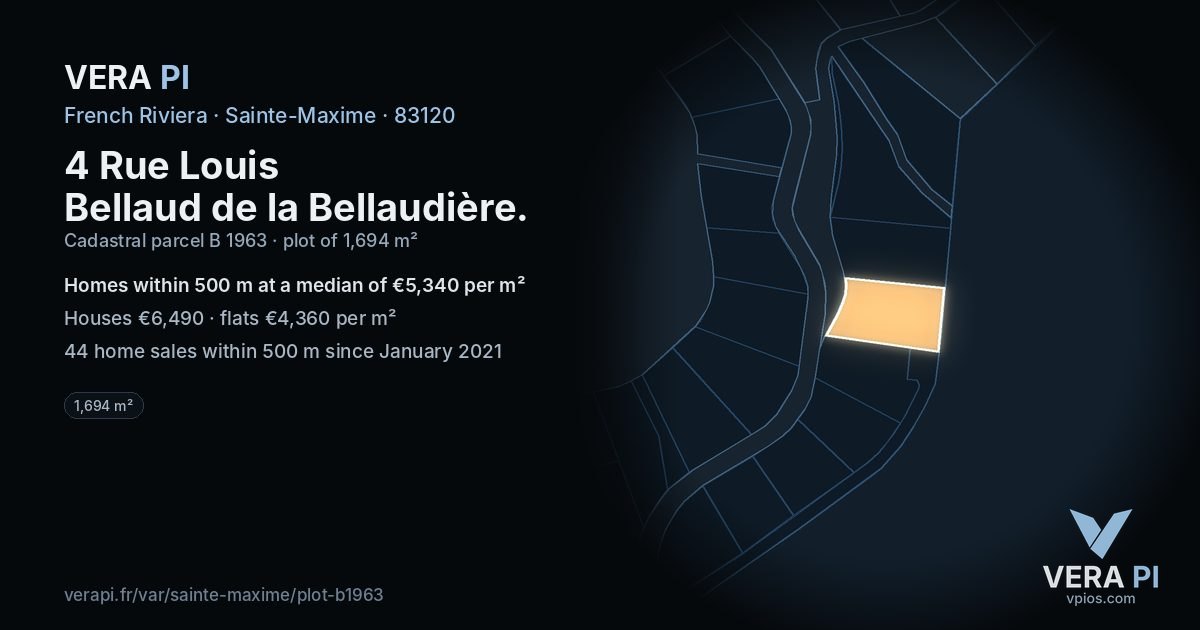 4 Rue Louis Bellaud de la Bellaudière, Sainte-Maxime at night – the plot lit, the parcels around coloured by the prices near them