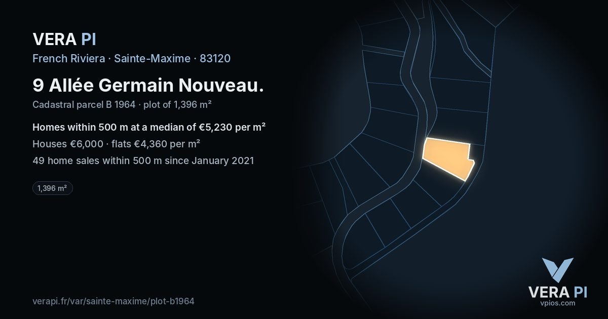 9 Allée Germain Nouveau, Sainte-Maxime at night – the plot lit, the parcels around coloured by the prices near them