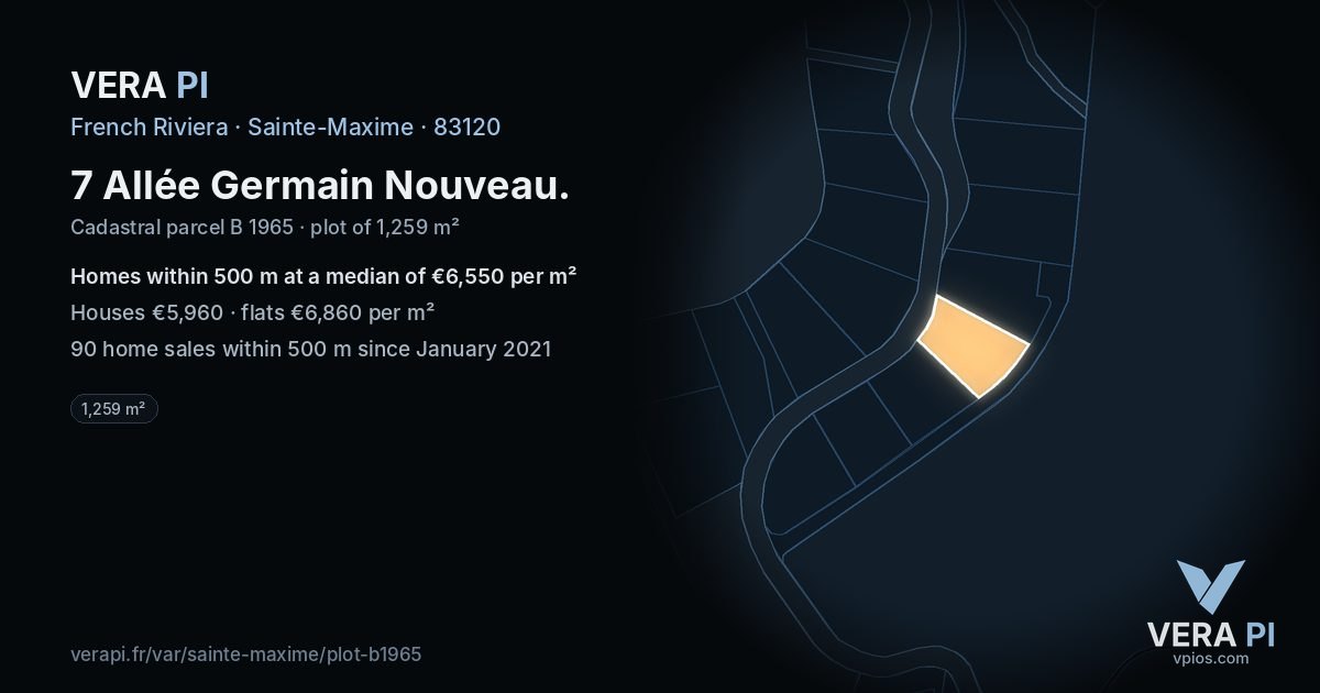 7 Allée Germain Nouveau, Sainte-Maxime at night – the plot lit, the parcels around coloured by the prices near them