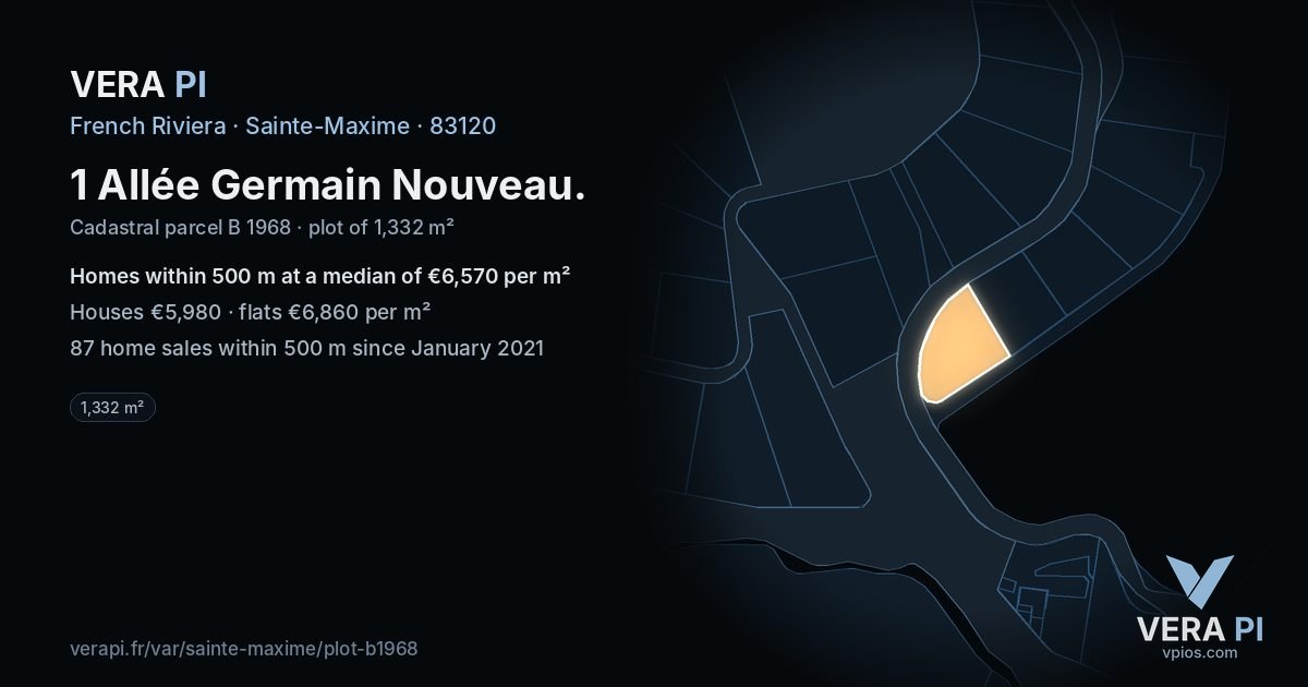 1 Allée Germain Nouveau, Sainte-Maxime at night – the plot lit, the parcels around coloured by the prices near them